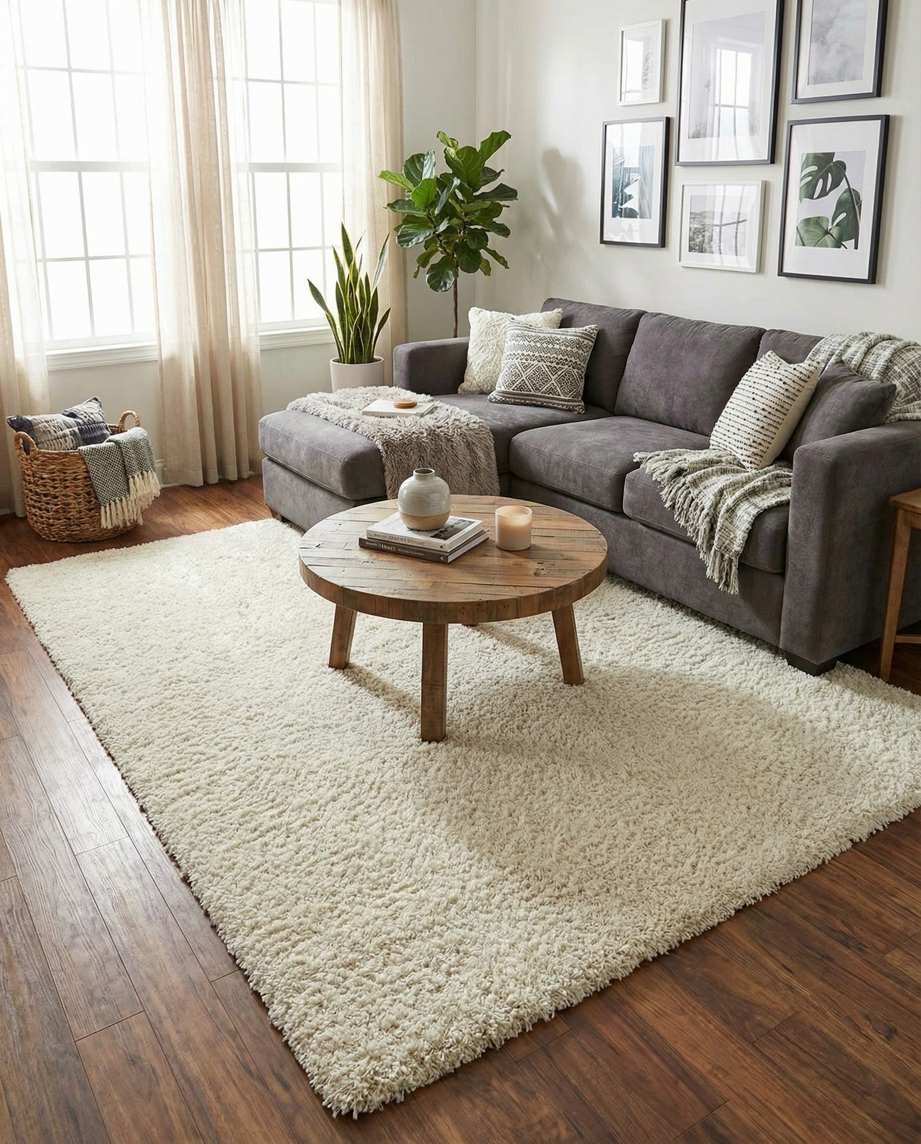 A soft, plush 8x10 rectangular ivory shag rug, perfect for a modern living room or bedroom.