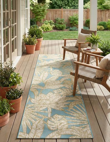 Soft Blue Easy-Clean Botanical Indoor / Outdoor Runner Rug