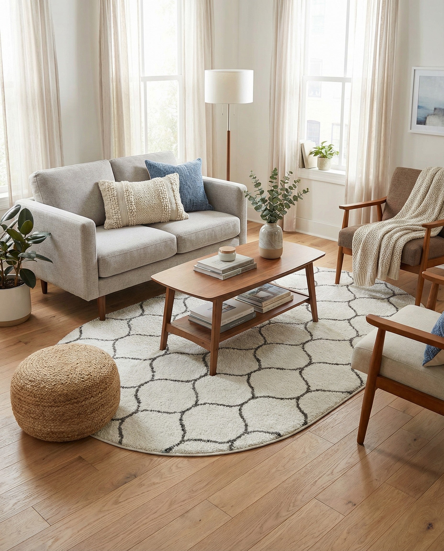 An oval ivory rug with a modern dark gray trellis pattern, showcasing its soft texture.