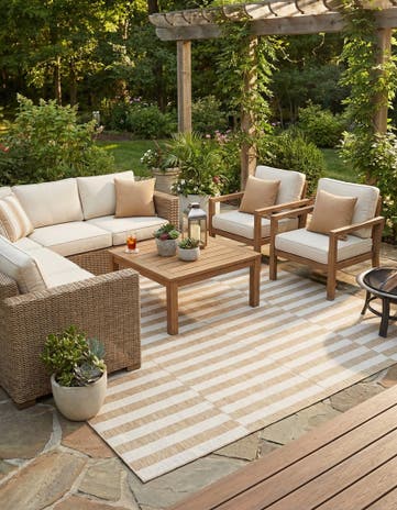 Taupe Easy-Clean Striped Indoor / Outdoor Square Rug