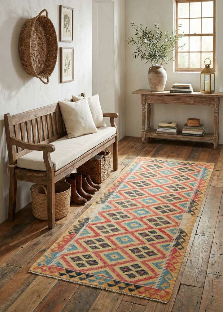 3' 4 x 6' 8 Hand Woven Kilim Maymana Wool Runner Rug