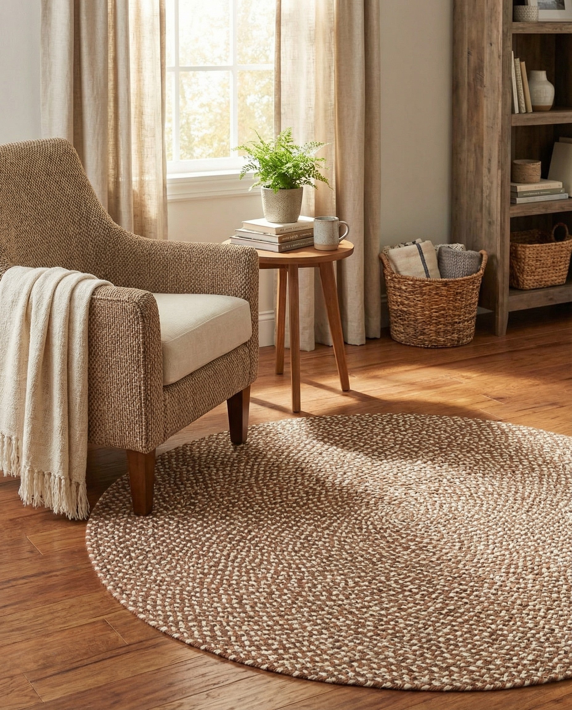 A 4' 1 x 4' 1 round Rugs.com Tweed Braided Jute rug in varying shades of brown and tan, featuring a tightly woven, modern braided pattern.