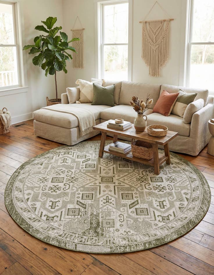 Detail image of 7' 10 x 7' 10  Washable Aztec Indoor / Outdoor Round Rug