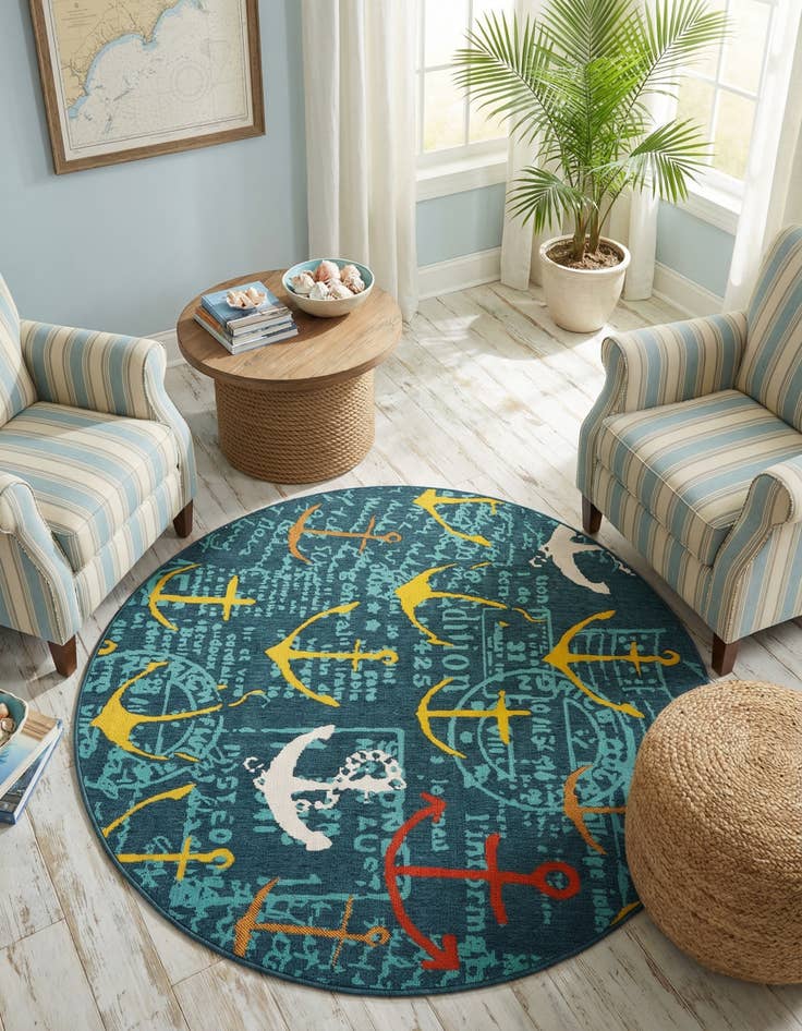 Detail image of 6' x 6'  Washable Coastal Indoor / Outdoor Round Rug