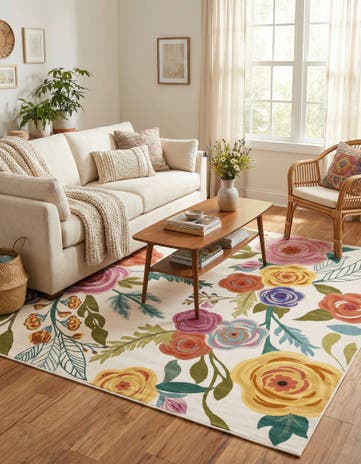 Ivory Blossom Square Rug