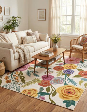 Ivory Blossom Square Rug