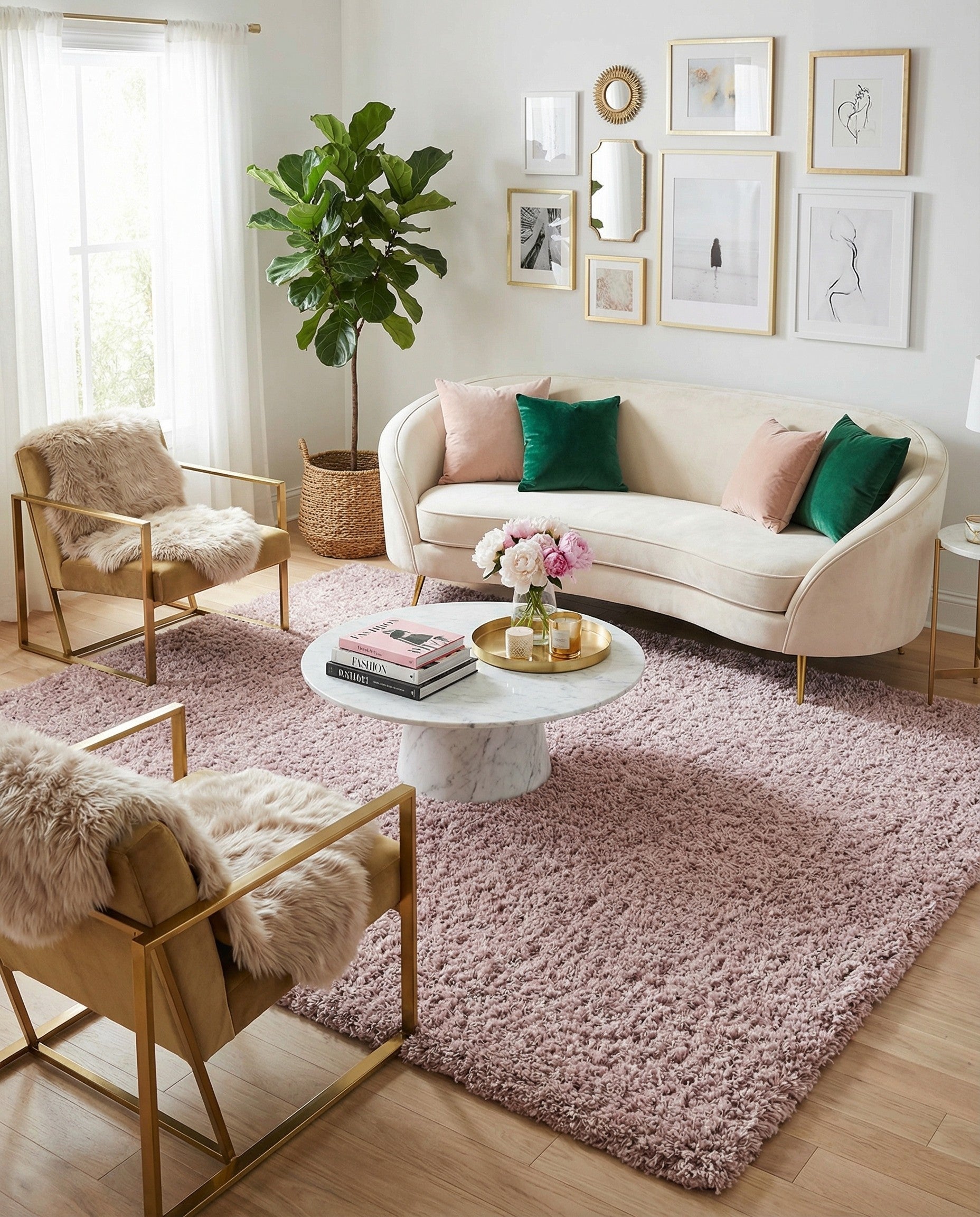 A plush 8x10 rectangular shag rug in a soft pinkish-purple hue, offering a luxurious and comfortable feel.