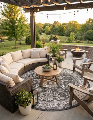 Charcoal Gray Easy-Clean Aztec Indoor / Outdoor Round Rug