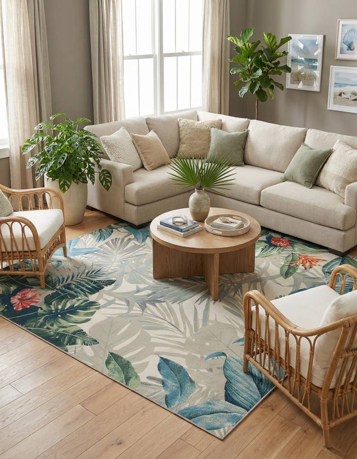 Detail image of 10' x 10'  Washable Botanical Indoor / Outdoor Square Rug