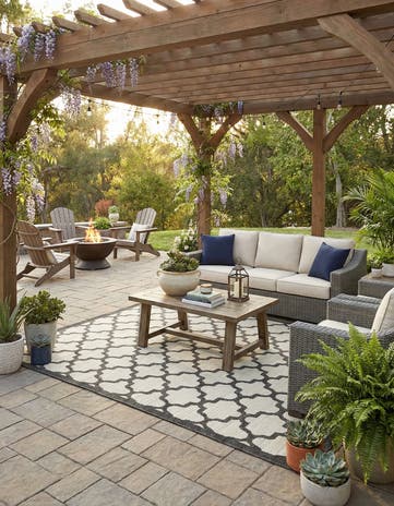 Black Easy-Clean Lattice Indoor / Outdoor Rug