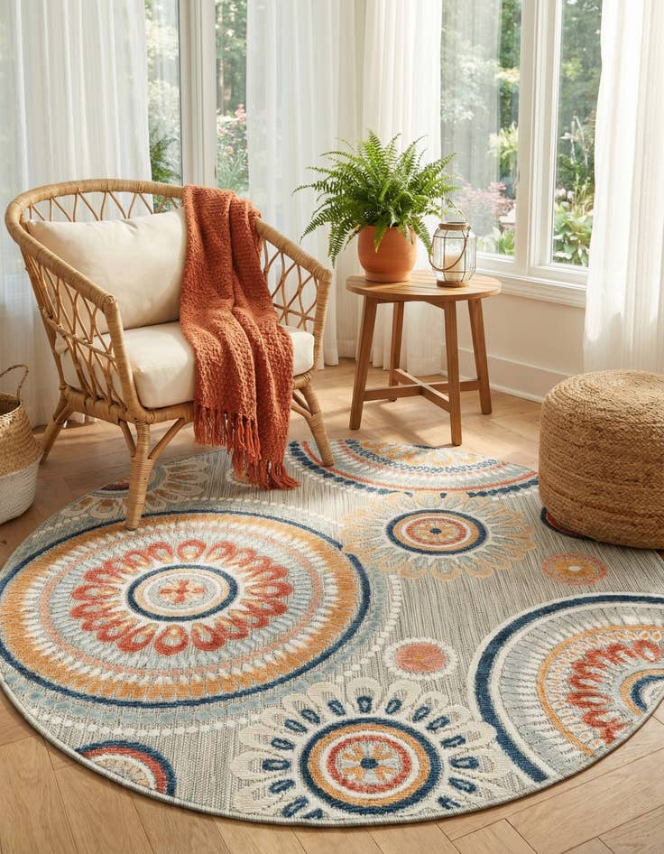 Detail image of  4' 5 x 4' 5  Washable Botanical Indoor / Outdoor Round Rug