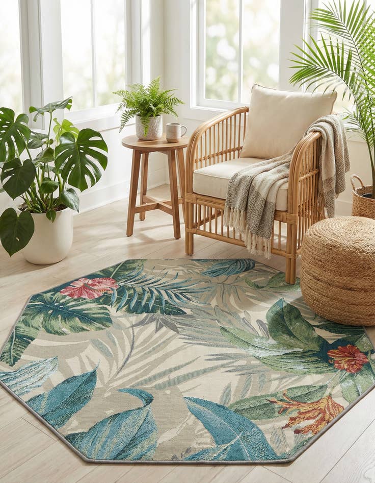 Detail image of 4' x 4'  Washable Botanical Indoor / Outdoor Octagon Rug