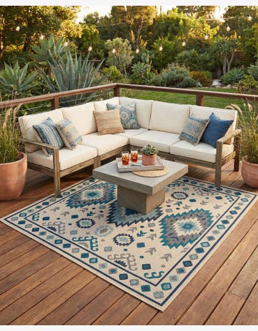 Beige and Blue Easy-Clean Baja Indoor / Outdoor Square Rug