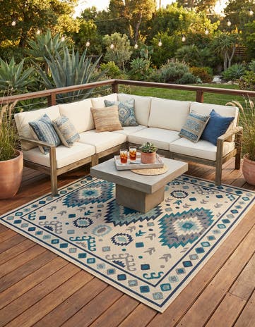 Beige and Blue Easy-Clean Baja Indoor / Outdoor Square Rug