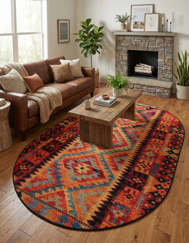 Detail image of 5' 3 x 8' Easy-Clean Tribal Indoor / Outdoor Oval Rug
