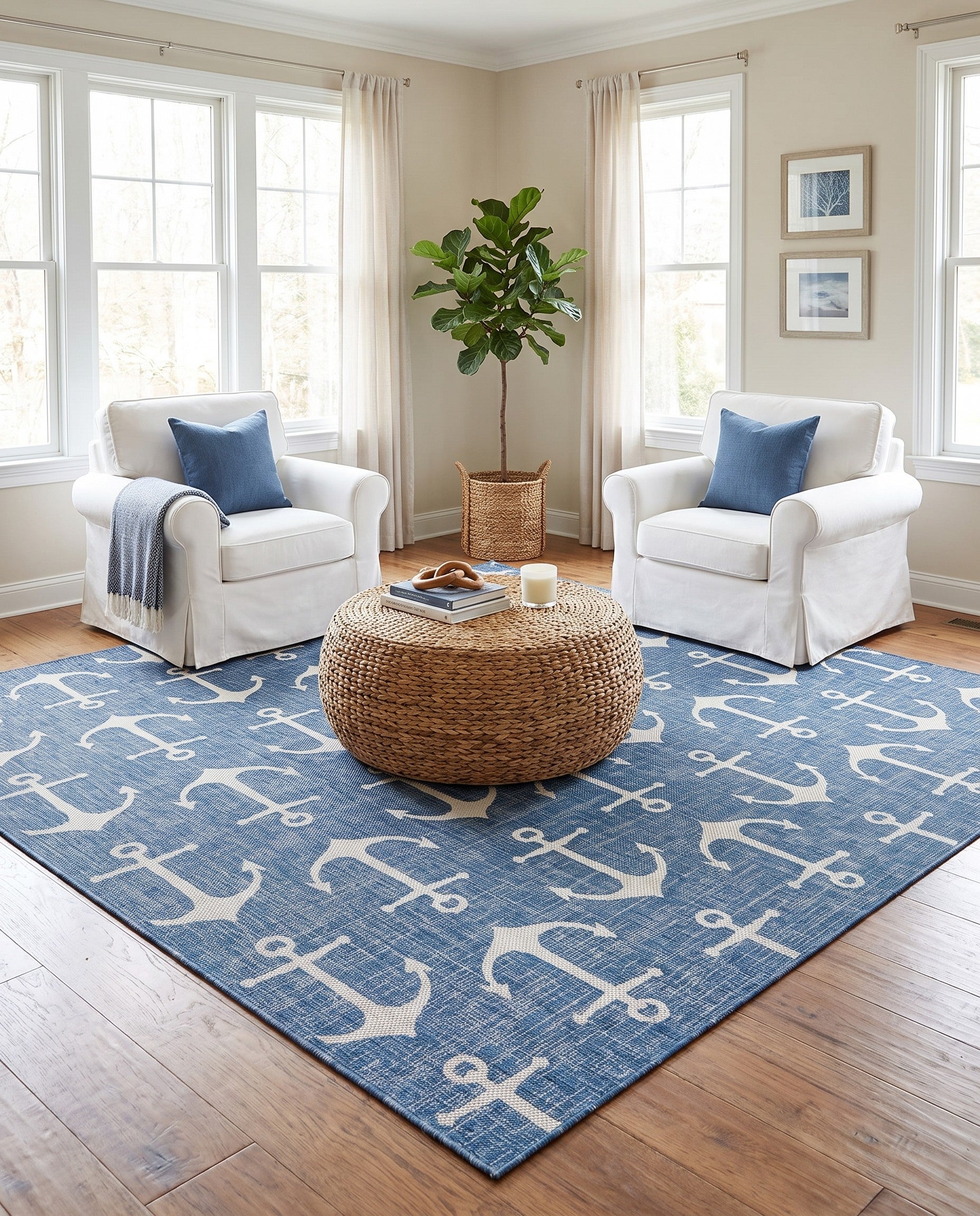 Blue Easy-Clean Coastal Indoor / Outdoor Square Rug