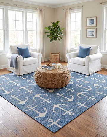 Blue Easy-Clean Coastal Indoor / Outdoor Square Rug