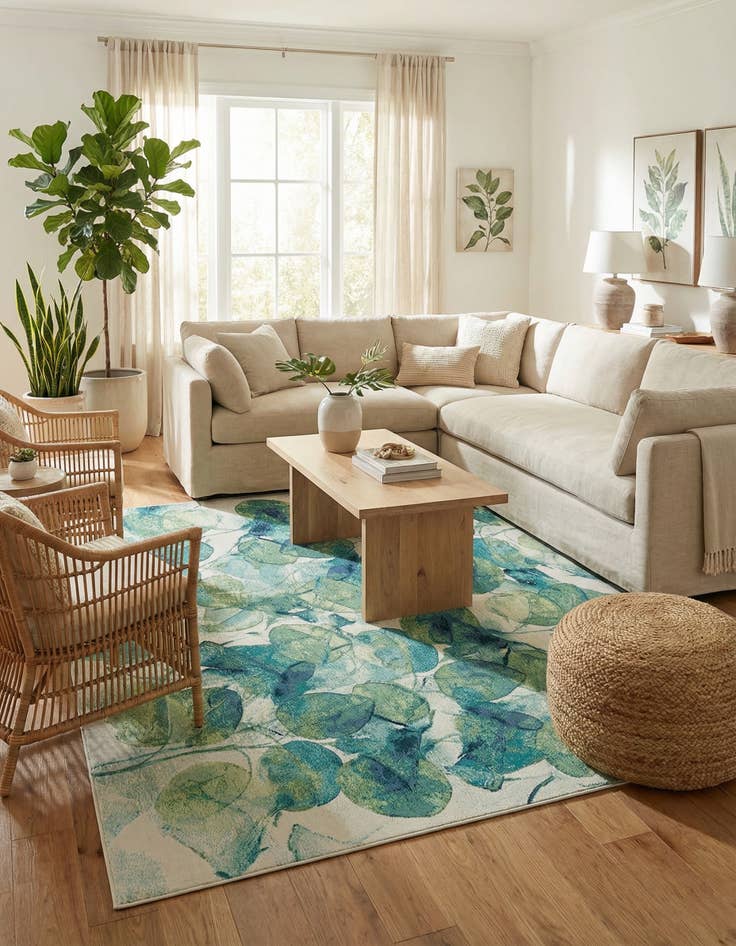 Detail image of 10' x 10'  Washable Botanical Indoor / Outdoor Square Rug