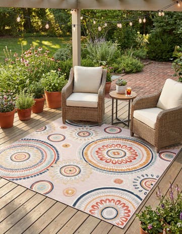Pink Easy-Clean Botanical Indoor / Outdoor Square Rug