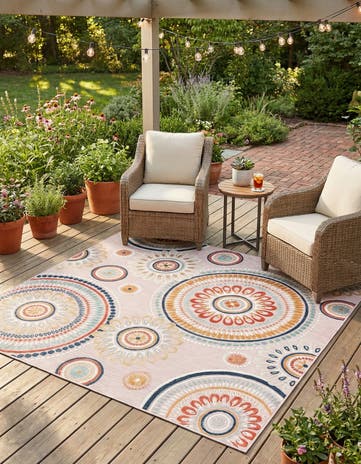 Pink Easy-Clean Botanical Indoor / Outdoor Square Rug