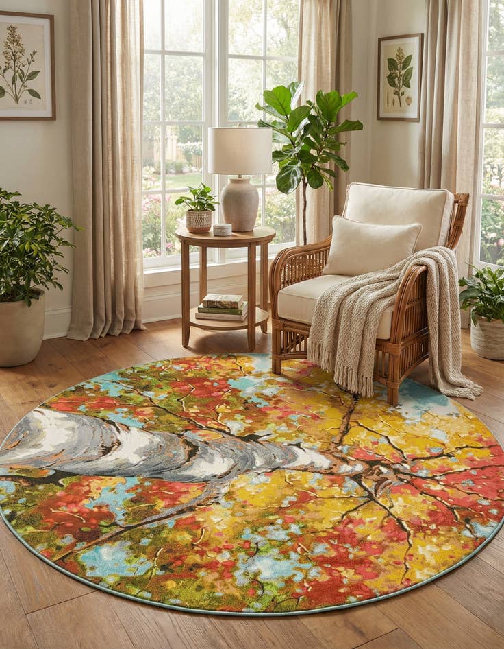 Detail image of 10' x 10'  Washable Botanical Indoor / Outdoor Round Rug