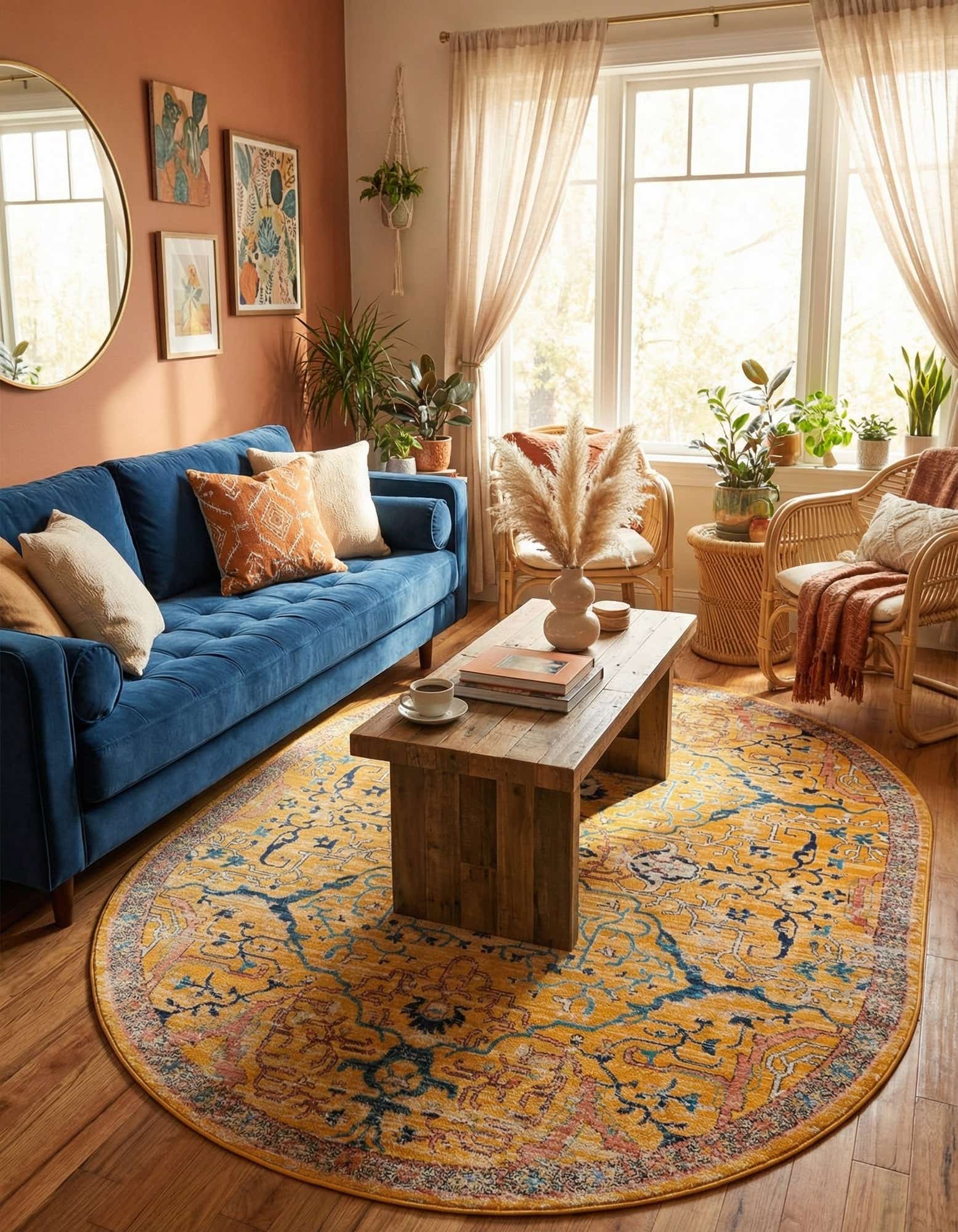 An oval yellow rug with a distressed traditional and tribal pattern in blue, light blue, and hints of pink.