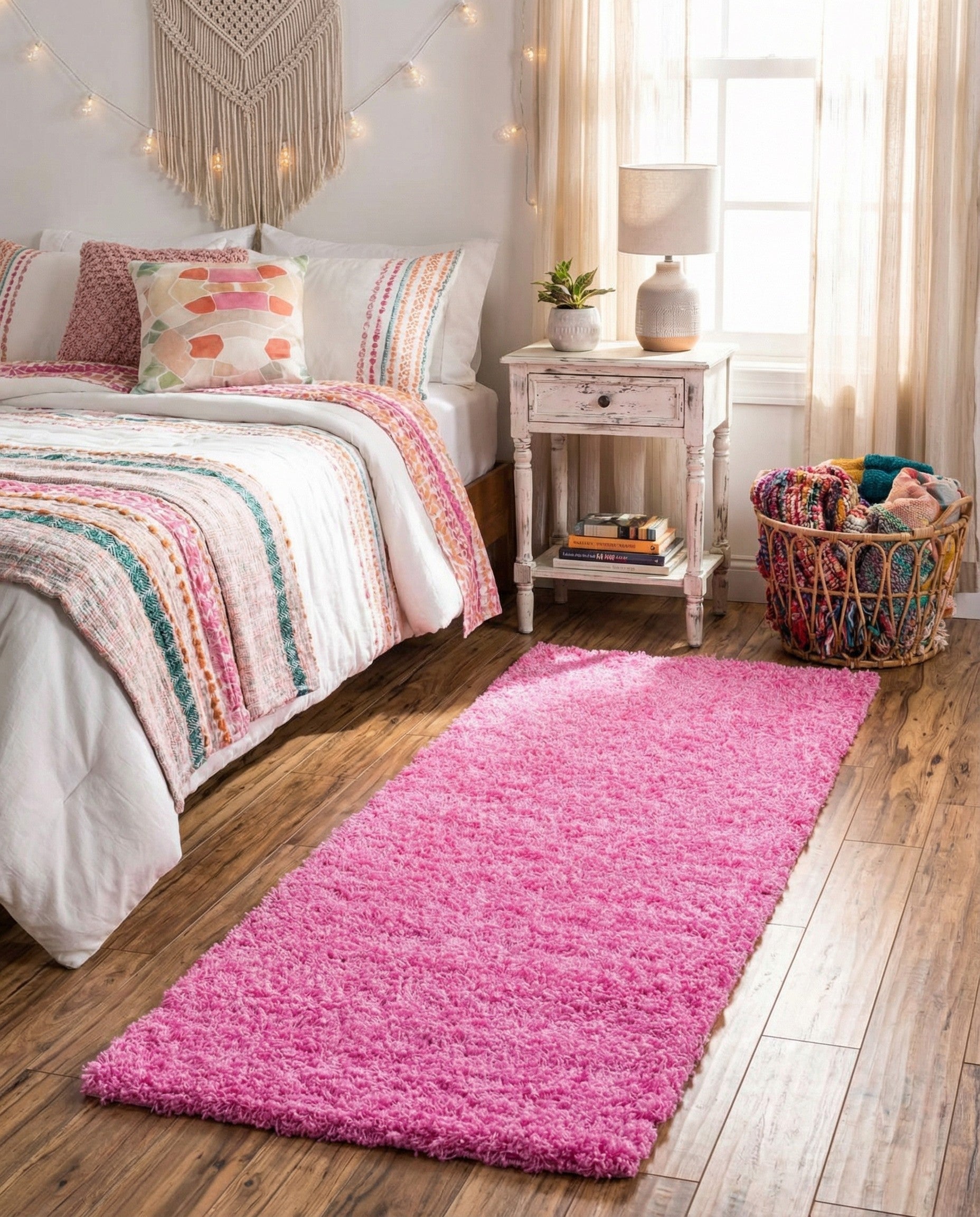 A vibrant pink 6 ft runner rug with a plush shag pile, perfect for adding a pop of color to a hallway.