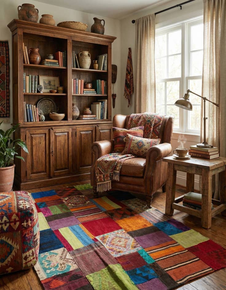 Detail image of 5' 5 x 7' 8  Hand Woven Kilim Patchwork Wool Rug