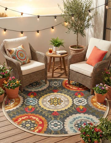 Gray Easy-Clean Casablanca Indoor / Outdoor Round Rug