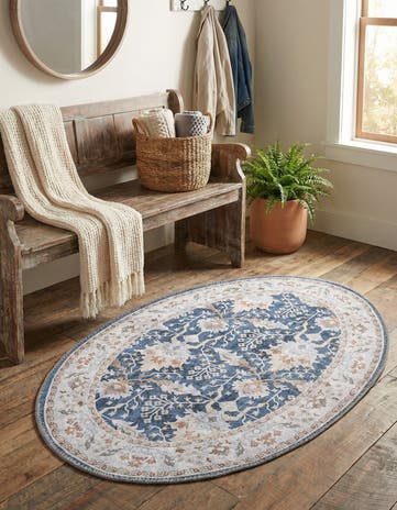 Navy Blue Washable Timeless Oval Rug