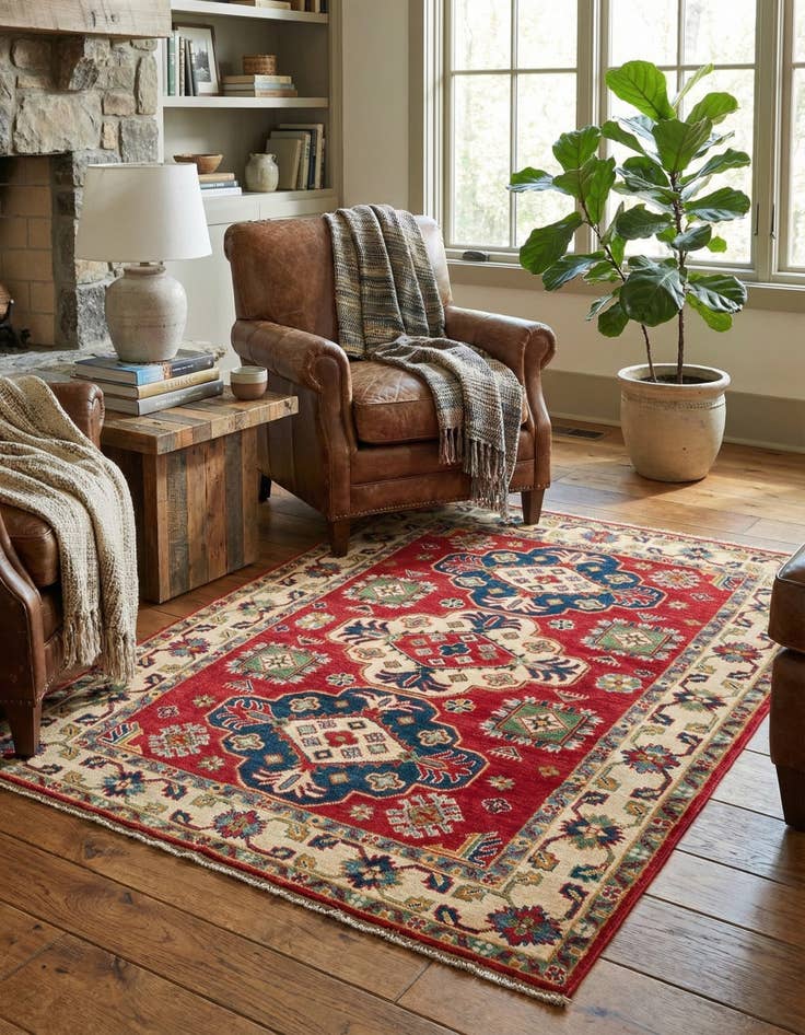 Detail image of  4' x 5' 10  Hand Knotted Kazak Rug