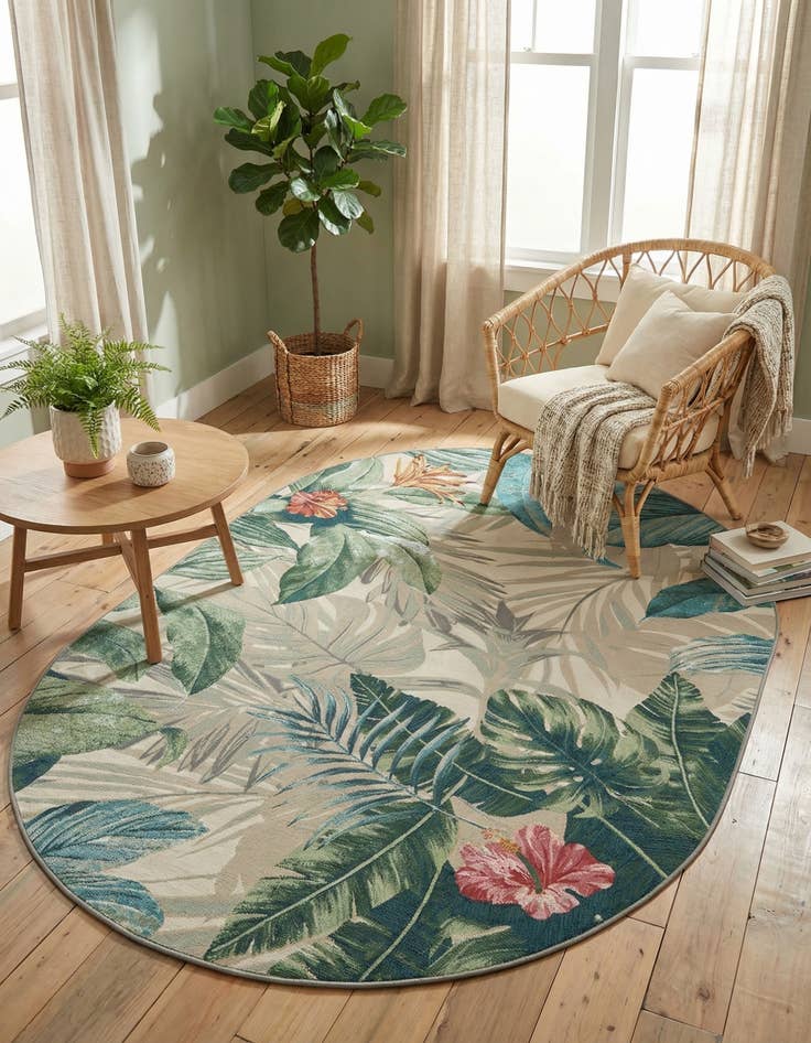 Detail image of 5' 3 x 8' Easy-Clean Botanical Indoor / Outdoor Oval Rug