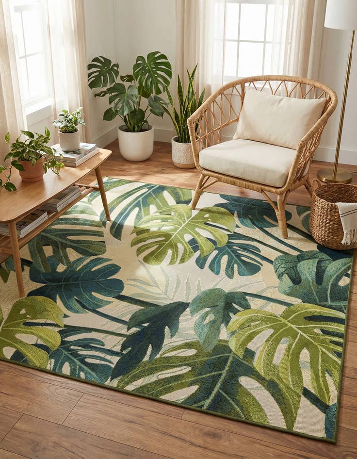 Detail image of 5' 3 x 5' 3  Washable Botanical Indoor / Outdoor Square Rug