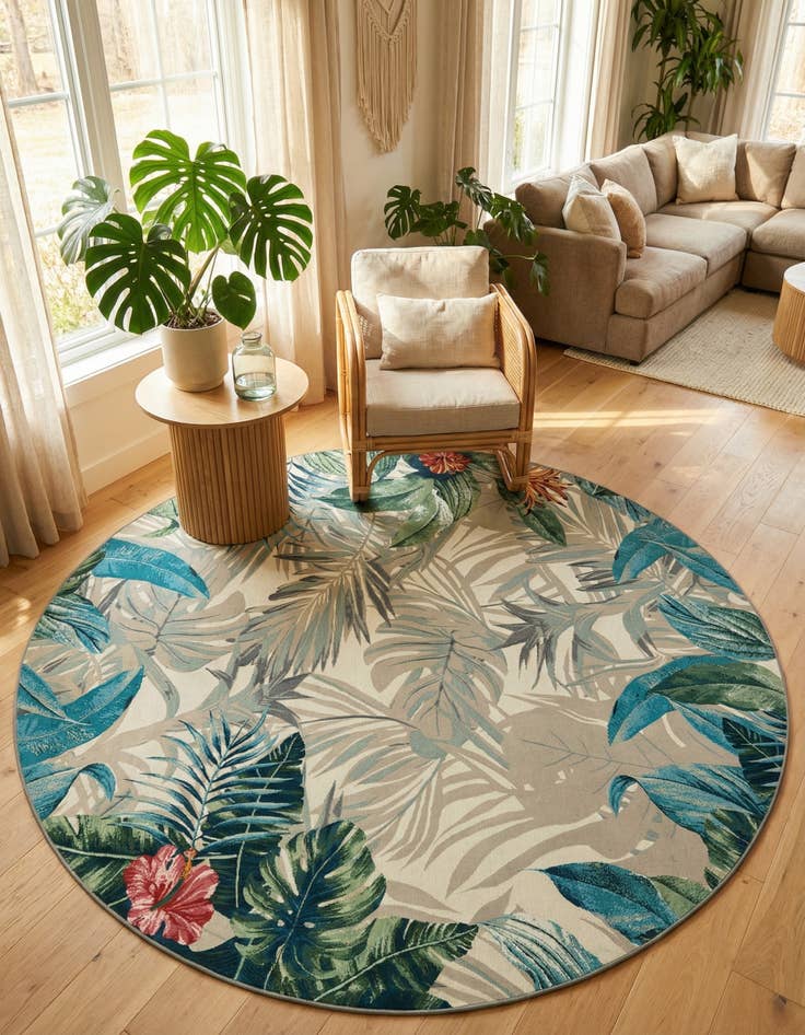 Detail image of 10' x 10'  Washable Botanical Indoor / Outdoor Round Rug