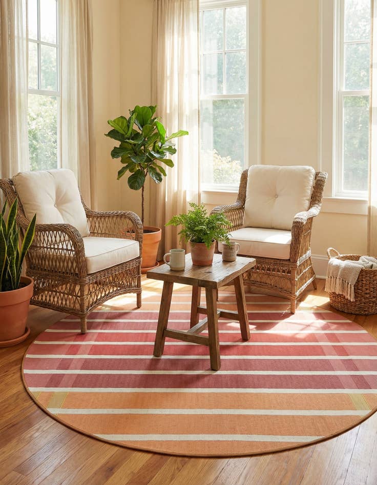 Detail image of 6' x 6' Easy-Clean Striped Indoor / Outdoor Round Rug