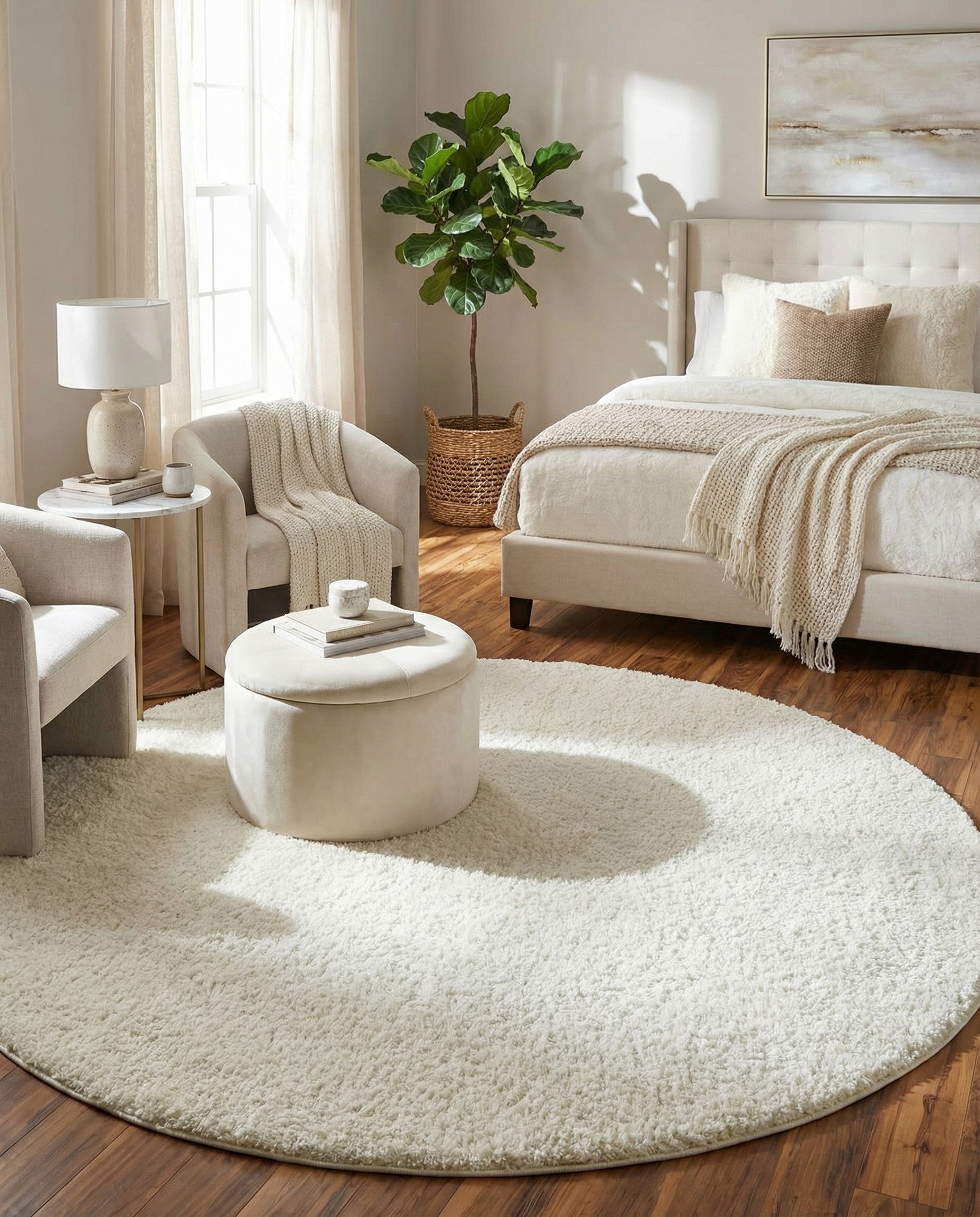 A large 10' round white shag rug made of polypropylene, featuring a soft, textured pile.