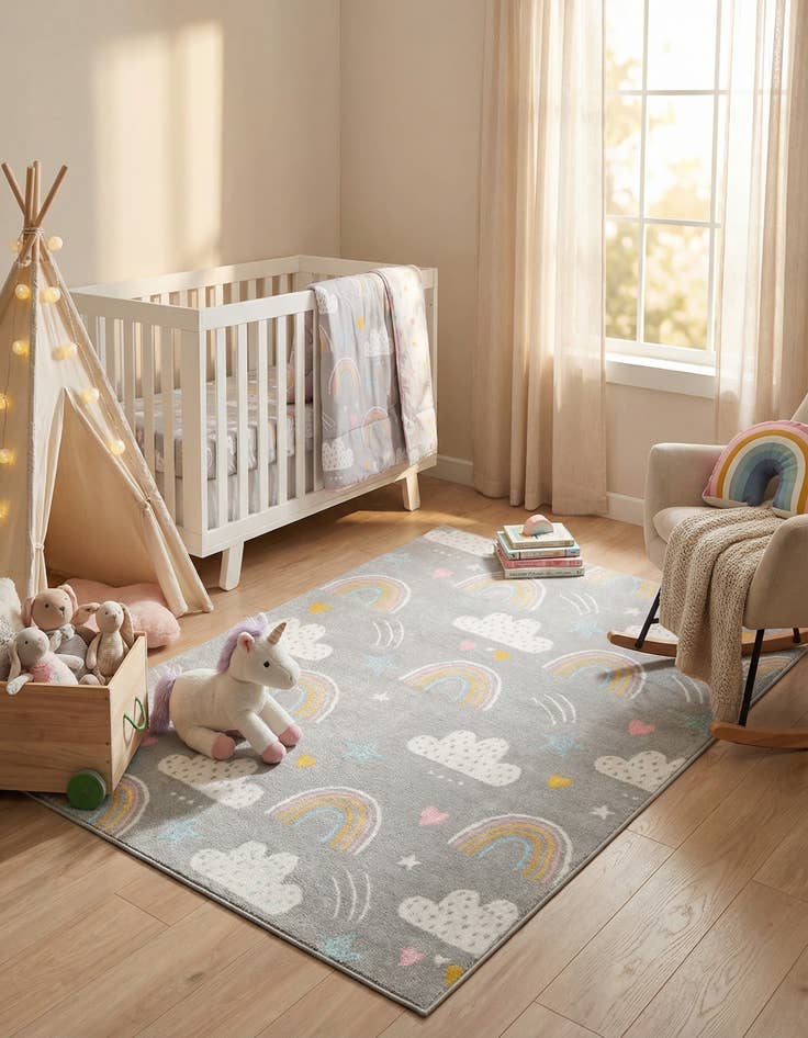 Detail image of  5' 3 x 8' Clouds and Rainbows Whimsy Kids Rug