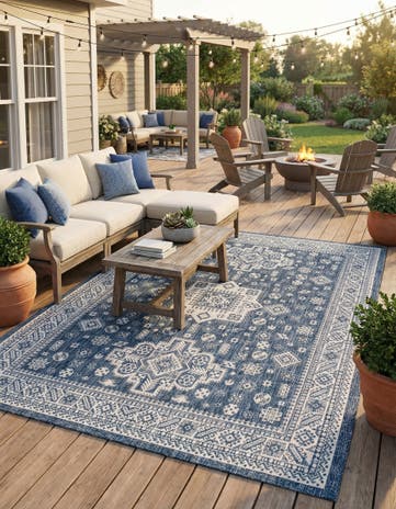 Blue Easy-Clean Aztec Indoor / Outdoor Rug