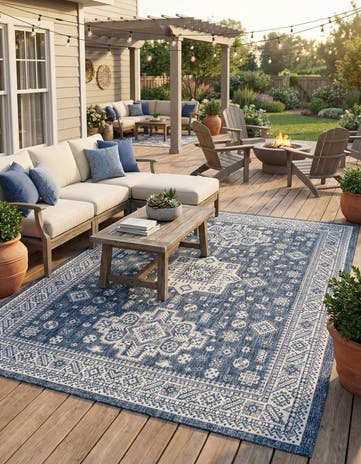 Blue Easy-Clean Aztec Indoor / Outdoor Rug