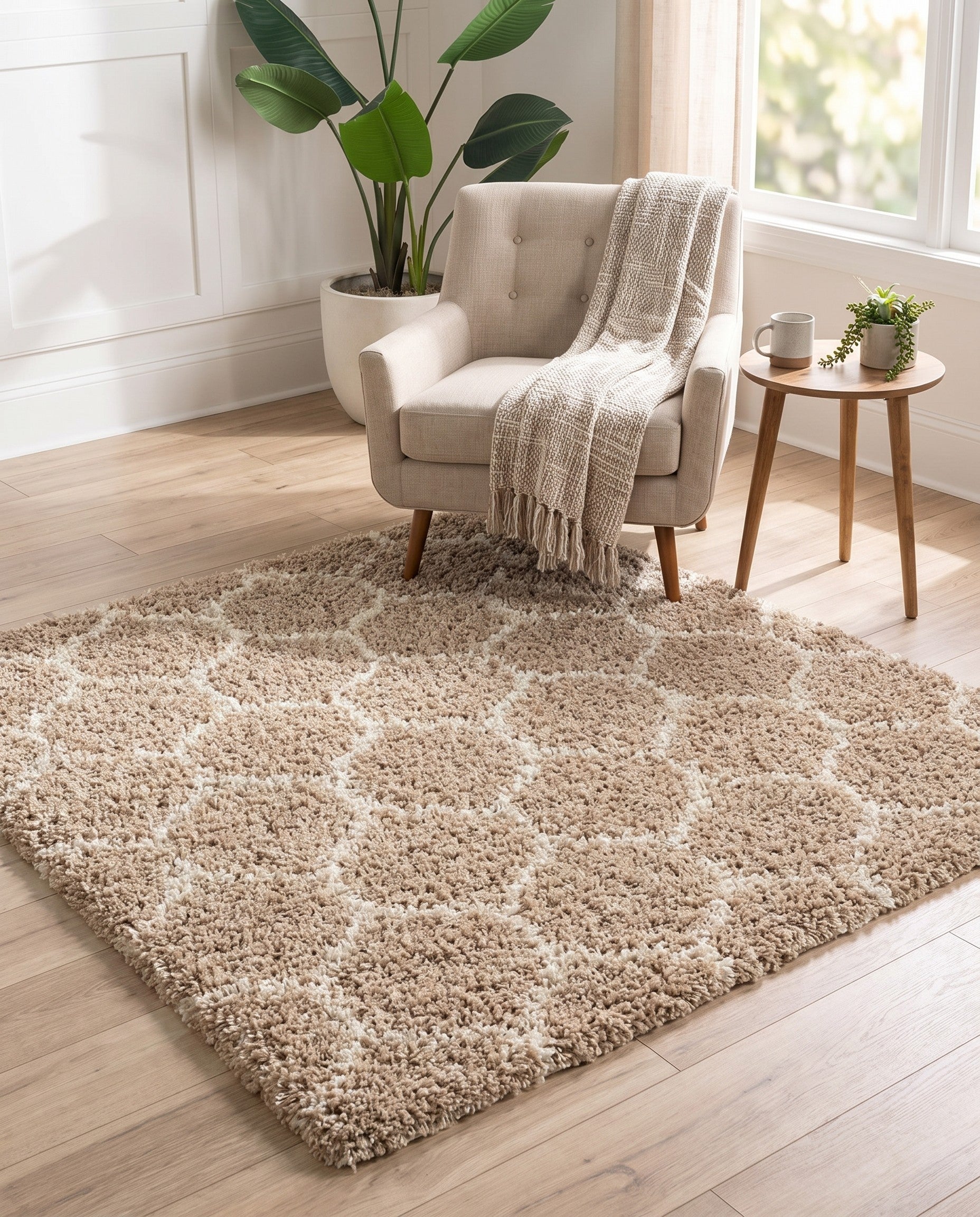 Light Brown Lattice Shag Square Rug