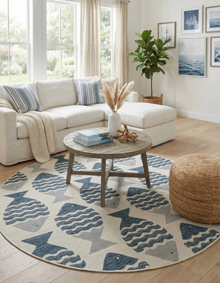 Detail image of 7' 10 x 7' 10  Washable Coastal Indoor / Outdoor Round Rug