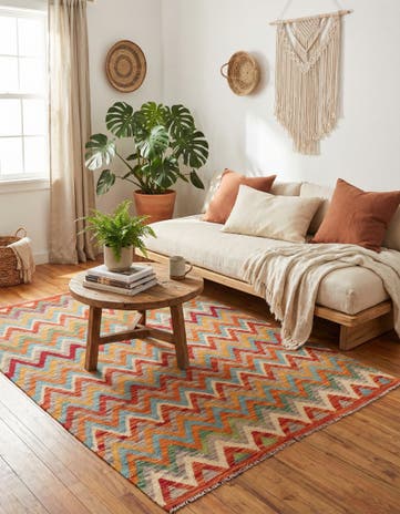 4' 3 x 5' 9 Hand Woven Kilim Maymana Wool Rug