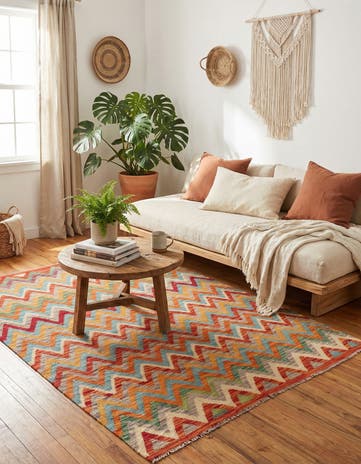 4' 3 x 5' 9 Hand Woven Kilim Maymana Wool Rug