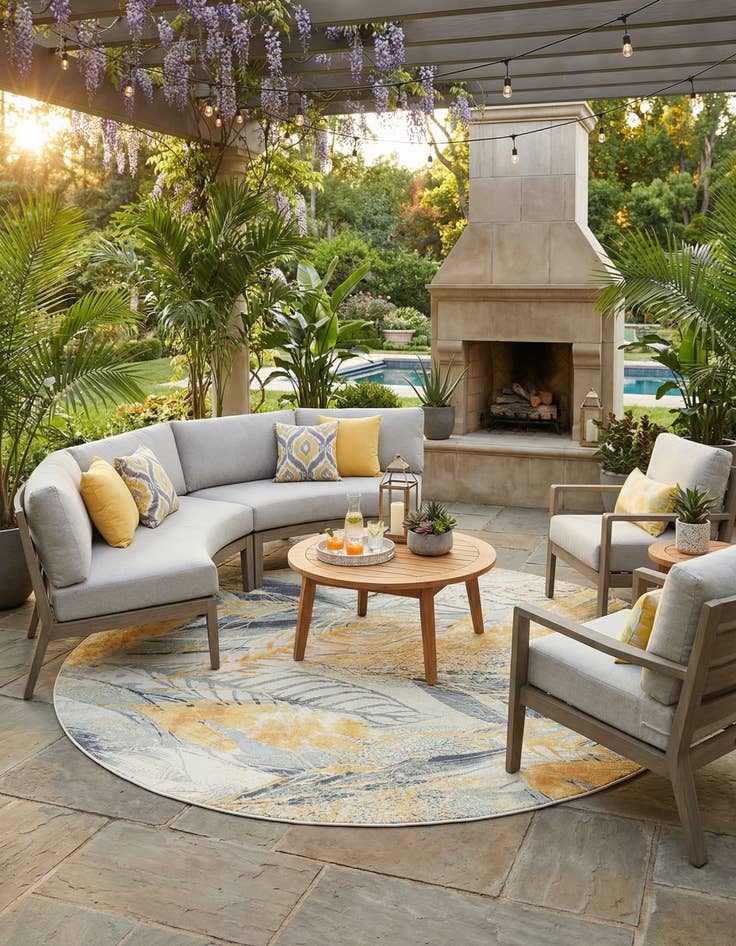 Detail image of 10' x 10'  Washable Botanical Indoor / Outdoor Round Rug