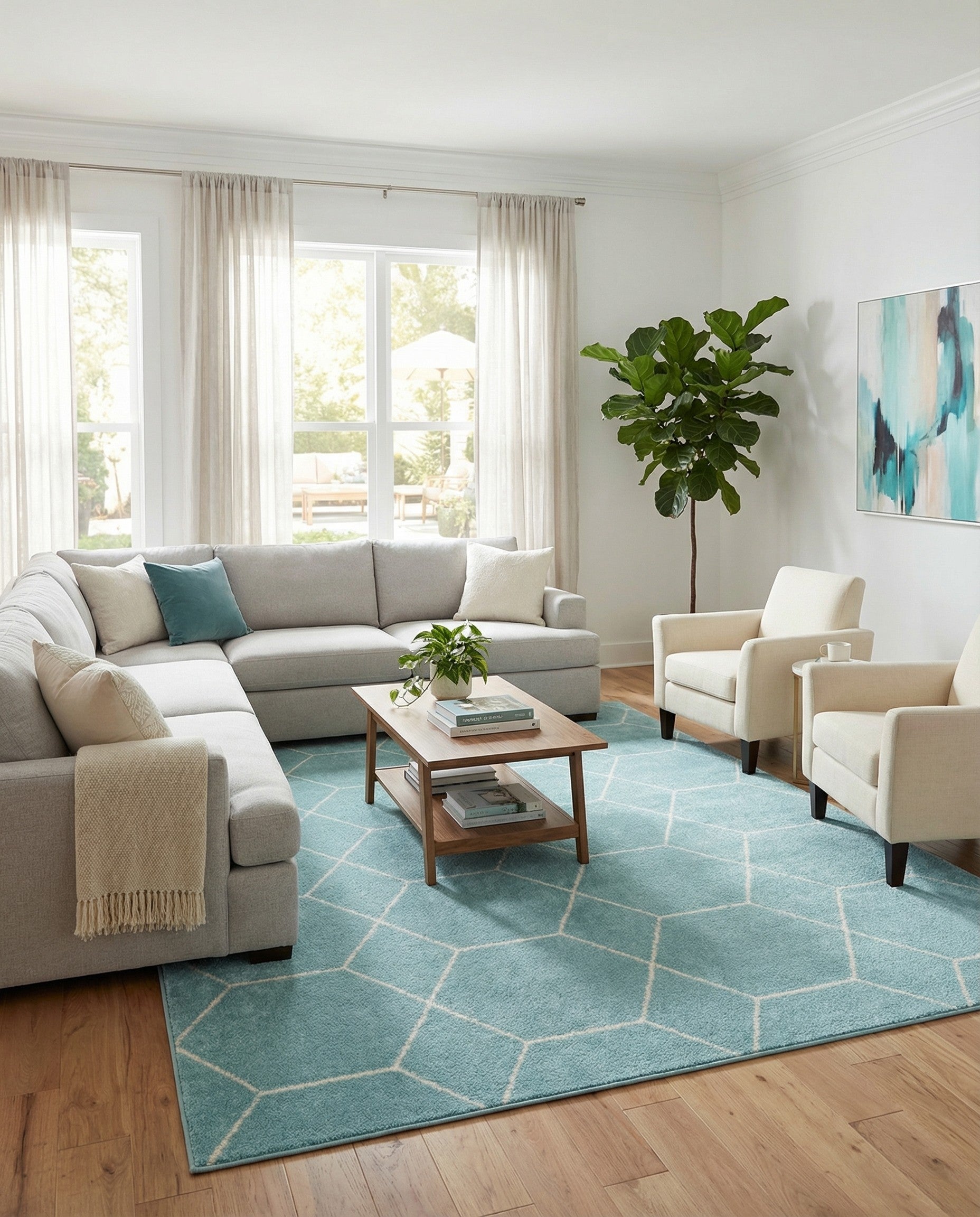 A 10x14 light blue rectangular rug with a white modern trellis pattern, suitable for a living room.