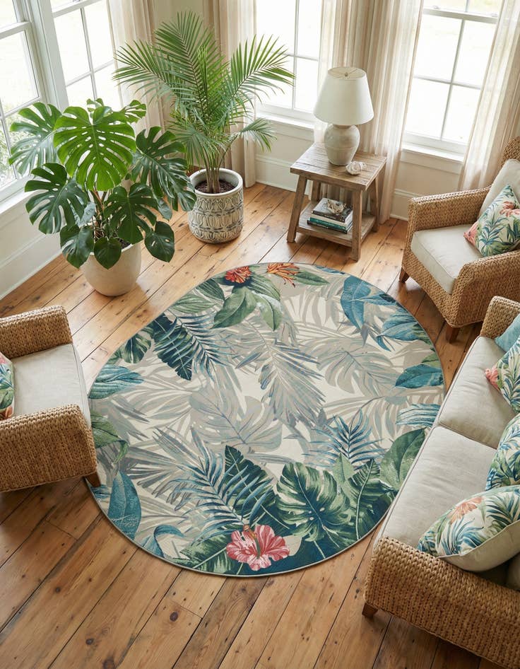 Detail image of 7' 10 x 10'  Washable Botanical Indoor / Outdoor Oval Rug