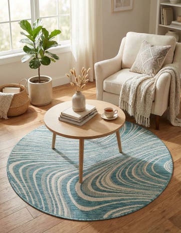 Light Aqua Easy-Clean Modern Indoor / Outdoor Round Rug