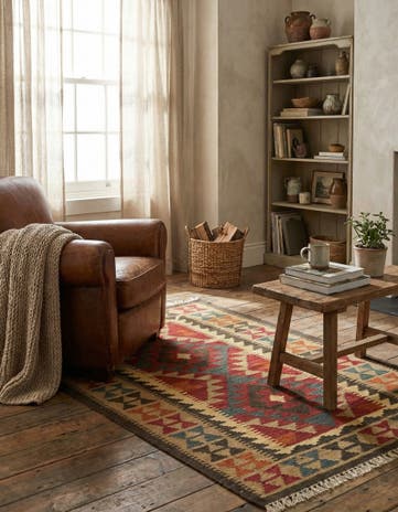 3' 4 x 4' 8 Hand Woven Kilim Maymana Wool Rug