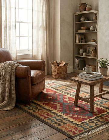 3' 4 x 4' 8 Hand Woven Kilim Maymana Wool Rug