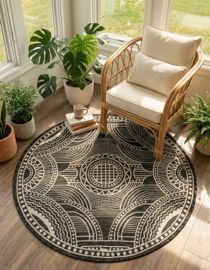 Detail image of 4' 1 x 4' 1  Washable Traditional Indoor / Outdoor Round Rug